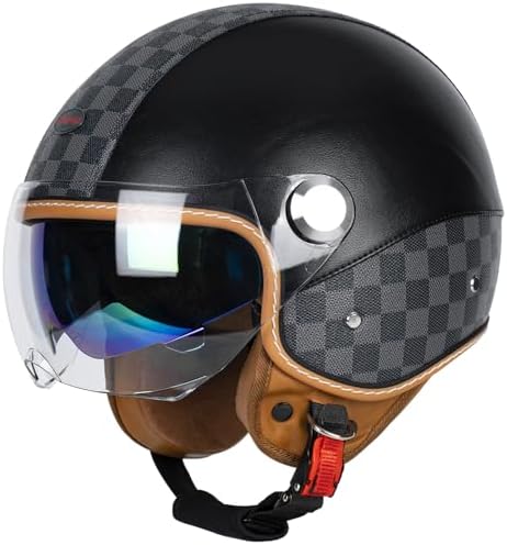 QUICKOOL Dual Visor 3/4 Open Face Motorcycle Helmet for Men & Women, DOT Approved Unisex Retro Half Helmet,Motorbike Casco for Moped Cruiser Bobber and Chopper (Short Outer Shield-Black,M)