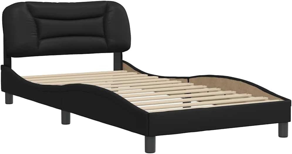 Twin Bed Frame Black Faux Leather with Padded Headboard and Storage, Sturdy Platform Foundation, Modern Minimalist Bedroom Furniture, Durable Slatted Frame for Mattress Support