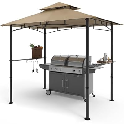COOSHADE 8'x 5' Grill Gazebo Double Tiered Outdoor BBQ Gazebo Canopy with LED Light (Khaki)