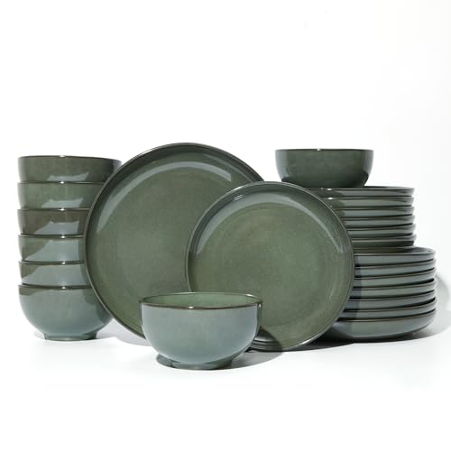 Image of Pokini Plates and Bowls Sets for 8, 24 Piece Dinnerware Set for Large Families & Entertaining, Elegant Design, Dishwasher & Microwave Safe, Chip Resistant and Durable, Forest Green