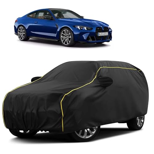 Image of Sulfar 100% Water Resistant Car Body Cover Compatible with Mirror for BMW M4 (Triple Stitched, Full Bottom Elastic, Black Taffeta with Yellow Piping)