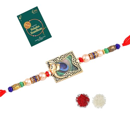 Estele - Rakhi Rakhi for Bhaiya: Gold Plated Peacock Feather Beaded Single Premium Rakhi with Roli Chawal & Greeting Card for Brother|Embrace Protection & Grace this Raksha Bandhan|Rakhi for Men (B0DBTK87MQ) Amazon Price History, Amazon Price Tracker