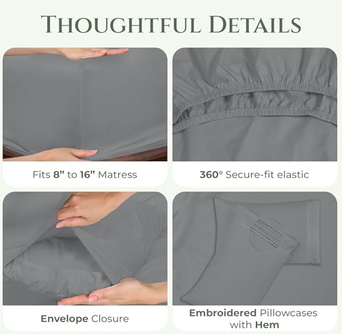 Image of ROYALE LINENS 100% Organic Cotton Full Sheet Set - 16 inch Deep Pocket Bed Sheets - Eco Friendly Grey Bed Sheets - Sabanas Full - 1 Flat, 1 Fitted & 2 Pillowcases - Grey Sheet Set - Cotton Bedding Sets