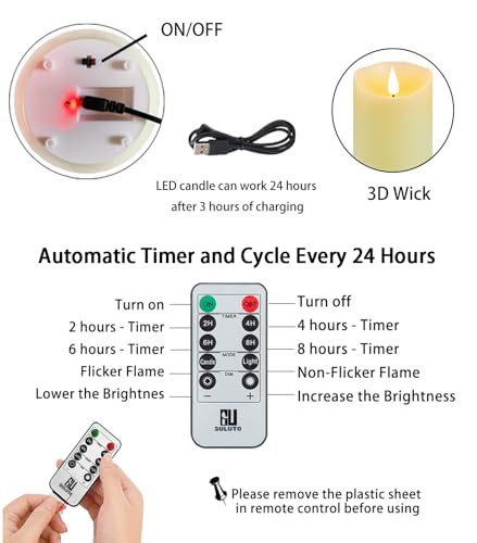 Image of Flameless Candles with Rechargeable Battery, 3 inch x 5 inch, Set of 2, Electronic Candles with Remote and Timer, led Pillar Candles Real Wax 3D Wick, led Ivory Candles for Home, Wedding, Birthday