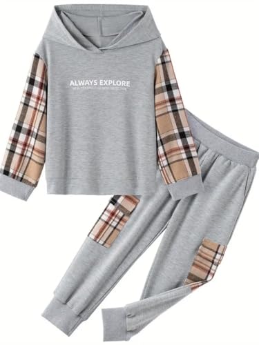 Image of OLMRJKD Toddler Baby Boy Clothes Plaid Long Sleeve Hoodie Sweatshirt + Pants 2pcs Boys Outfit Set