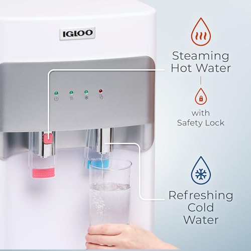 Igloo Bottom Loading Water Cooler – Hot & Cold Dispenser – White, Holds 3 & 5 Gallon Jugs, Child Safety Lock – for Homes, Kitchens, Offices, Dorms