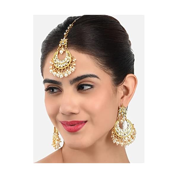 ZAVERI PEARLS Gold Tone Kundan & Pearls Traditional Earring & Maangtikka Set For Women-ZPFK8537 - Image 5