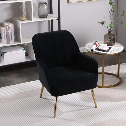 Miniatura 2 de Goujxcy Silla moderna de mediados de siglo para sala de estar, silla de barril tapizada con botones de lino con patas de metal negro para sala de