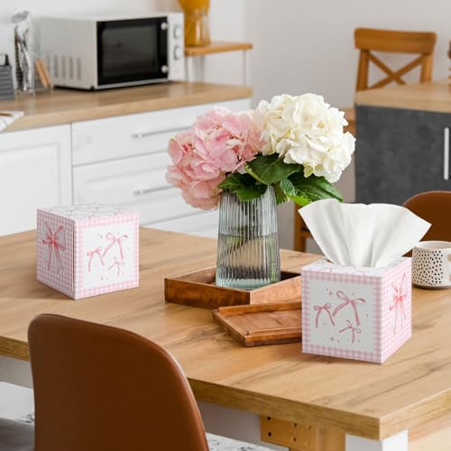 Image of Fourluoo 12 Pack Pink Bow Facial Tissue Cube Boxes 600 Sheets 3 Ply | Square Bow Coquette Party Style, Small Square Face Tissues Bulk for Birthday Bridal Bachelorette, Gingham Checkered Decor