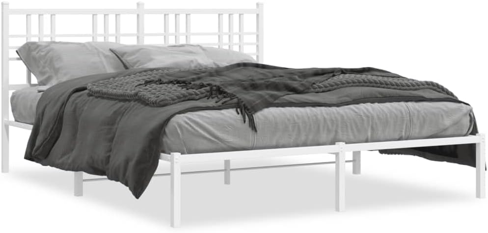 Bed Frame White Powder-Coated Steel King Size 59 x 79 in Platform Foundation with Sturdy Slatted Support Easy Assembly Minimalist Modern Bedroom Furniture Storage