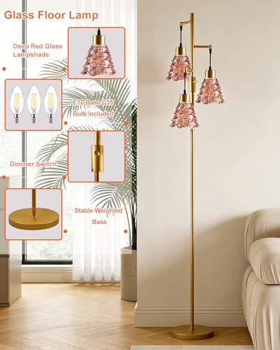 Image of Lightdot 67 inch Glass Floor Lamps for Living Room, 3-Light Dimmable Floor Lamp with Rose Red Glass Shade& Bulbs Included, Mid Century Standing Tall Lamp with 5Lbs Heavy Base for Bedroom /Sofa Beside-Gold