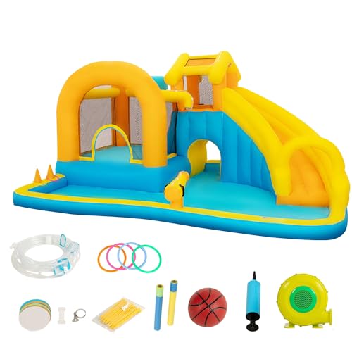 UEV Hüpfburg mit Gebläse Groß Aufblasbare Wasserpark für Kinder von 3-8 Jahre Wasserrutsche Springen Kletterwand Sicherheitsnetz Kindergeburtstag Bouncy Castle für Indoor und Outdoor XXL 451x347x223cm