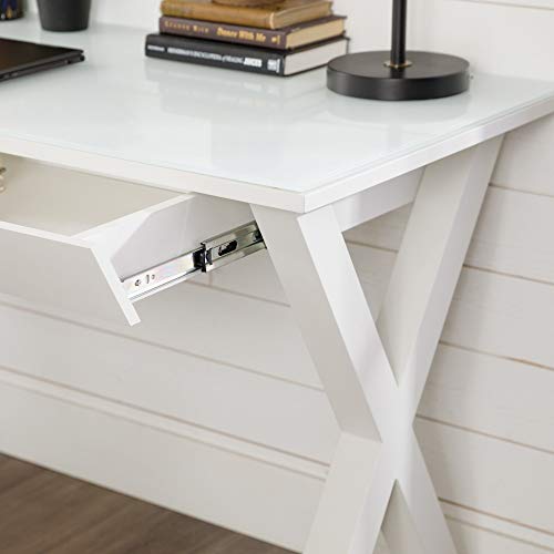Walker Edison Lawrence Urban Industrial X Leg Glass Top Computer Desk, 48 Inch, White #TOP6