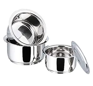 Vinod Stainless Steel 3 Pcs Tope Set | Patila Set for Home with Capacity of 1 litres, 1.4 litres & 1.8 litres with Stainless Steel Lids (Gas Stove and Induction Friendly) - Silver