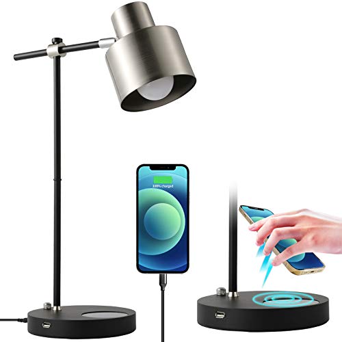 Betsy Modern LED Table Lamp, Desk Lamp with Wireless Charger and USB Ports, Mid-Century Modern Reading Lamp for Bedroom, Living Room, Office, LED Bulb Included (Silver, Flat)
