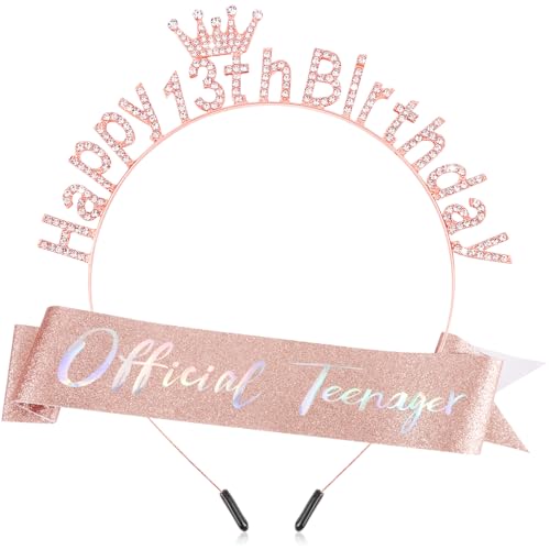 SuPoo 13th Birthday Sash and Crown: Sparkle Tiara & Gorgeous Sash for Teenage Girls' 13th Birthday Party - Pink, Rose Gold
