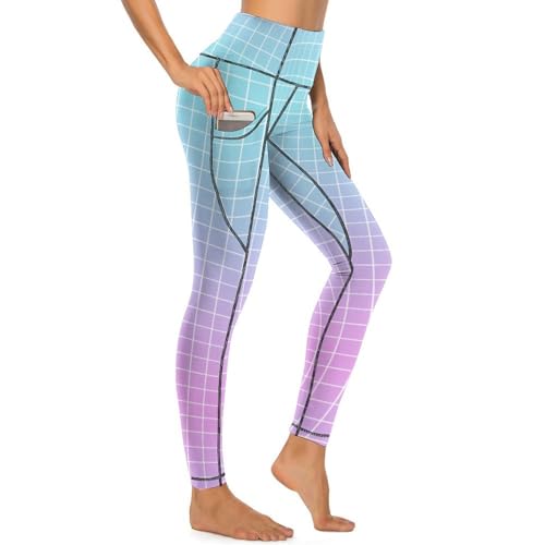 Legging d'entraînement femme bleu et rose avec poches latérales élastiques