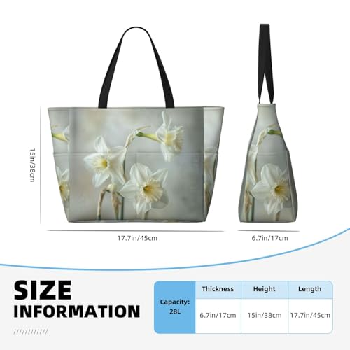 White daffodil Print Large Capacity Foldable Washable Zipper Beach Travel Tote Bag ShoppingBag4