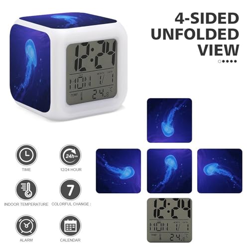 Reloj despertador de medusas azules digital con pantalla LED de temperatura 4