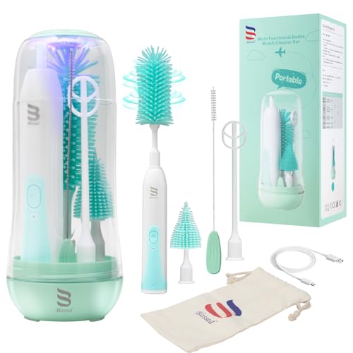 Image of BLOSSED Electric Bottle Brush Cleaner with UV Light, Rechargeable and Waterpfoof Baby Bottle Cleaner Brush Set, with 2 Head, Straw Duster, Pouch, Mixing Head and Storage Box