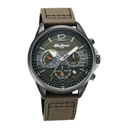 Image of Titan Octane Cred Analog with Green Dial Grey Leather Strap Watch for Men - 90238KL01