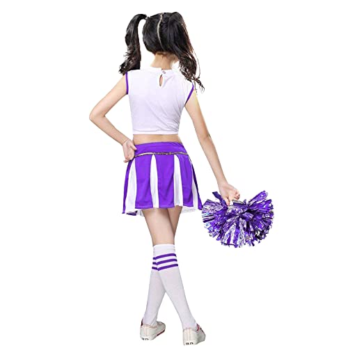 LOLANTA Girls Cheerleader Costume Cheerleading Children Dress Outfit Uniform with PomPoms(Purple, 5-6 years, Tag Size 120) - Image 4