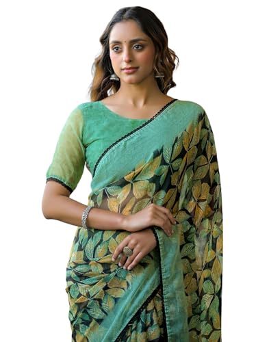 Image of SIRIL Women's Chiffon Printed Saree with Unstitched Blouse Piece