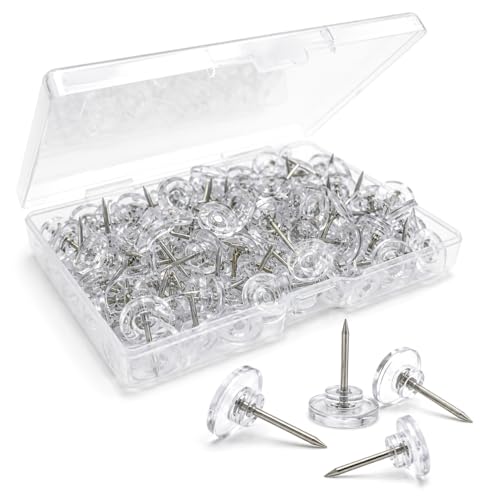 BIDEX 150 Pack Clear Push Pins Tacks Flat Head Thumbtacks for Bulletin Board Cork Board Shadow Box Wall Hanging Heavy Duty Plastic Head with Steel Point in Reusable Storage Box
