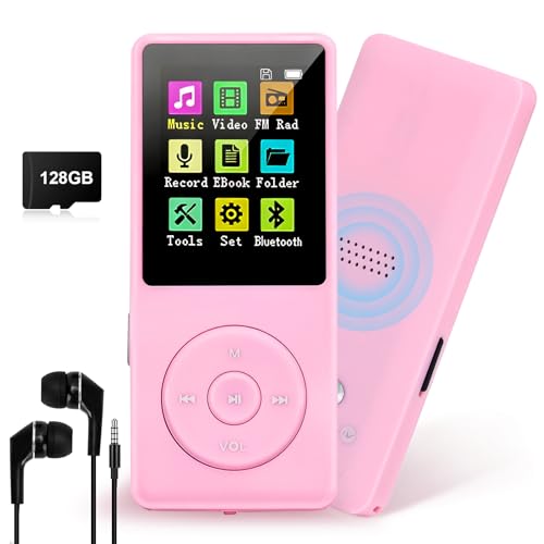 Lettore MP3 da 128 GB con Bluetooth 5.0, lettore musicale digitale portatile COVVY con altoparlante HD integrato, radio FM, funzione e-book, auricolari inclusi (rosa)