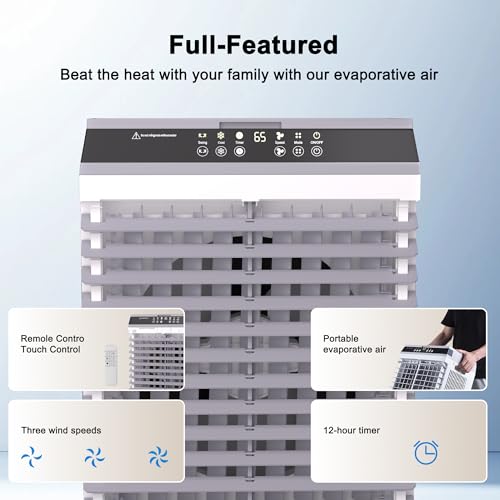 Image of YEW 32 inch Swamp Cooler Air Conditioner,1800 CFM Portable Evaporative Air Cooler,Cooling Fan for Room Garage Patio,5.3 Gal Water Tank,3 Speeds,6 Ice Boxes,12H Timer,Remote,Grey