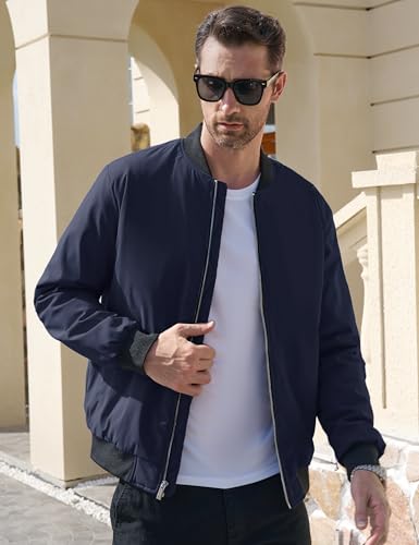 Image of MAGCOMSEN Men's Bomber Jackets Windproof Water Resistant Windbreaker Full Zip Outwear Jacket Casual Padded Coats Navy 2XL