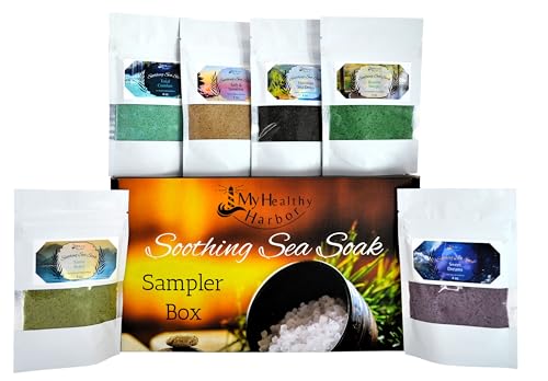 Soothing Sea Soak Sampler Box | Six 4 oz. Packets, 1.5 lbs. | Dead Sea and Epsom Salt Soak | Detoxifying, Aromatherapeutic, Effective | 6 Unique Blends
