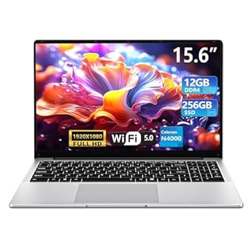Laptop para jogos 2025, laptops tradicionais de 15,6 polegadas N4000, laptop com 12 GB de RAM, SSD de 256 GB, netbook fino e leve WiFi5 Mini-HDMI abertura de ângulo 180 BT5.0, laptop fino e leve para