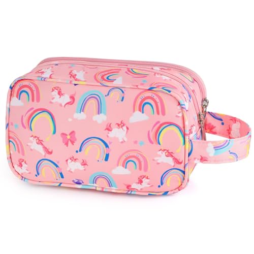 Foxstory Unicorn Kids Toiletry Bag for Girls Travel Toiletry Bag for Little Young Girls Cosmetic Bag Makeup Bag Waterproof Hanging Wash Bag Toddler Toiletries Rainbow Pink