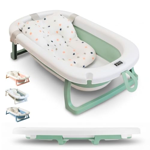 Bañera Plegable Bebé con Cojín + Termómetro + Patas Antideslizantes + Tapón de Seguridad para Bebé Recién Nacido, Diseño Plegable, Fácil de Guardar y Transportar, Verde Pastel