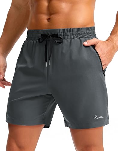 Image of Pudolla Men's Running Gym Shorts with Zipper Pockets 5 inch /7 inch / Lightweight Quick Dry Running Workout Athletic Short