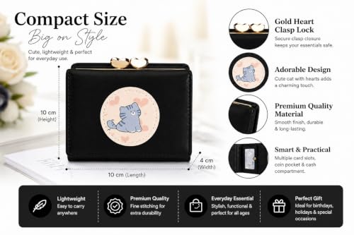 Image of Valerie Cute Small Wallets Clutch for Teen Girl Women PU Leather Trifold Small Wallet Cash Pocket 3D Buckle Card Holder Coin Purse with ID Window for Girls Women (Black Cat)