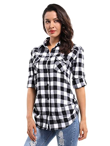 Ochenta Women's Roll Up Sleeve Button Down Plaid Flannel Shirt Fitted Casual Tops D055 Black White S #TOP1