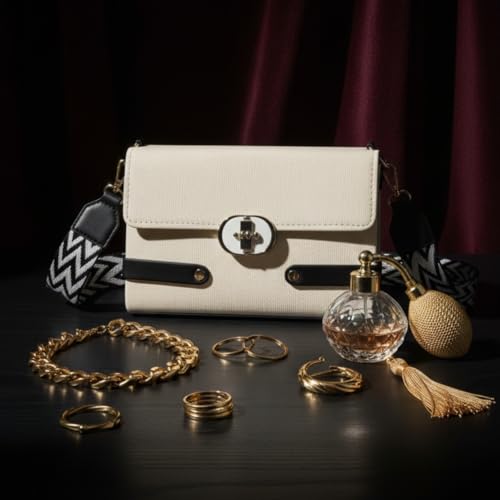Image of Women's Premium PU Leather Crossbody Sling Bag | Stylish Beige Shoulder Bag with Adjustable Pattern Strap | Lightweight Casual Travel & Daily Use Handbag | Trendy Lock Closure Purse