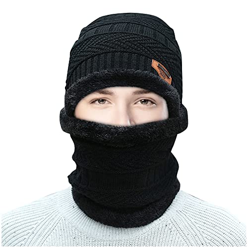 SUHUA Wintermütze Herren Damen Strickmütze Schal Set Winter Unisex Warme Beanie Mütze mit Schal Fleecefutter Winterschal Strickschal (Black), 26*21CM Cover