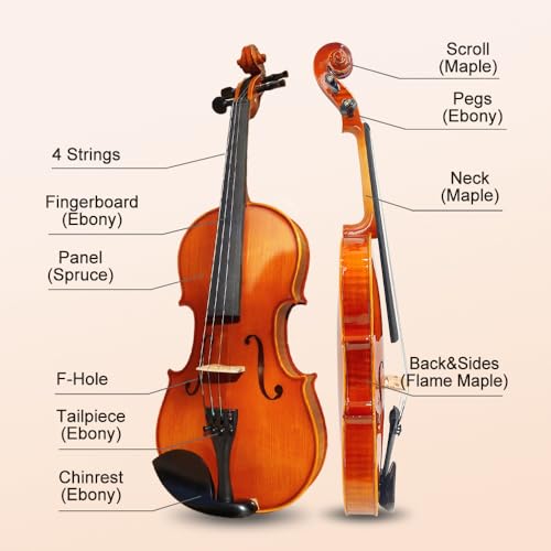Vetimobato Violin 4/4 Full Size Set Violin for Beginners & Adults & Student & Kids Fiddle Kit with Case, Bow, Rosin, Shoulder Rest,Extra Strings,Bridge, Fingerboard Sticker(4/4 Violin Brown)