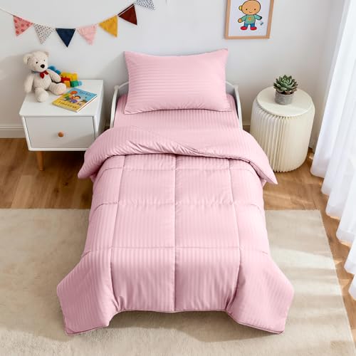 Image of ZPECC Toddler Bedding Set - 4 Piece Hypoallergenic Baby Crib Bedding Set for Boys and Girls, Includes Toddler Comforter, Flat Sheet, Fitted Sheet and Pillowcase, Pink Stripe