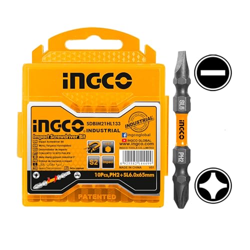 Image of INGCO Impact Screwdriver Bit, PH2+SL 6.0 * 1.0 65mm, 10 PCS PACK, S2 Industrial Steel, Black surface with magnet