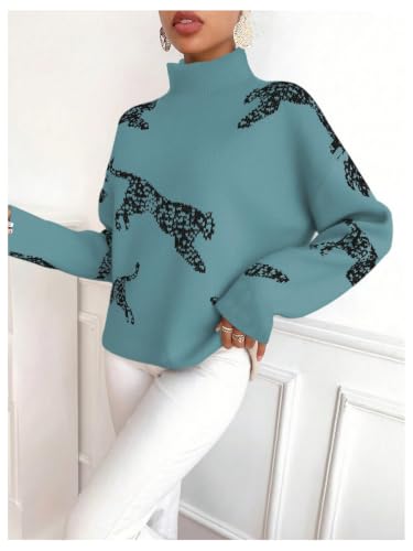 Image of WDIRARA Women's Leopard Tiger Print Sweater High Neck Long Sleeve Fuzzy Knitted Pullover Top