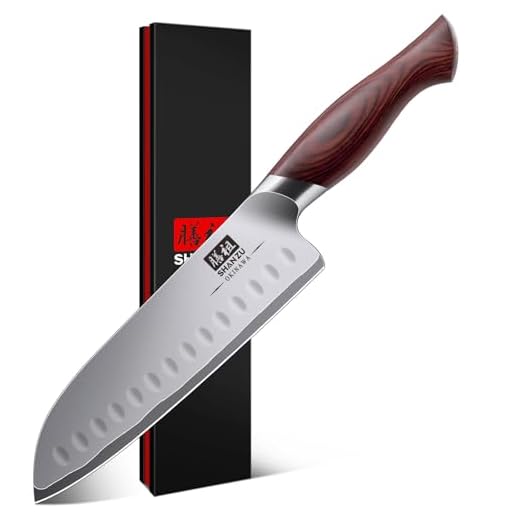 SHAN ZU Cuchillo de Cocina Santoku de 18 cm, Fabricado en Acero Japonés de Alto Carbono 10Cr15Mov, Cuchillo de Cocinero con Hoja Ultra Afilada de 12° y Mango Ergonómico de Madera de Pakka