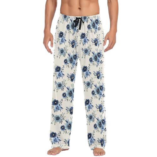 Mens Cotton Pajama Pants Sleep Lounge Pj Bottoms Sleepwear with Pockets Drawstring S Dark Blue Flower2