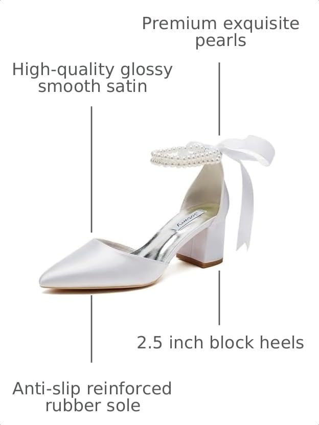 Image of Block Heel Wedding Shoes for Bride Pointed Toe Pearl Wedding Heels Bridal Shoes