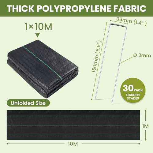 Velway Unkrautvlies Gartenvlies 1x10M mit 30 Erdanker - Unkrautfolie Wasserdurchlässig Reißfestes Bodengewebe Unkrautflies für Garten Hochbeet Einfahrt Anti Unkrautvlies Pflanzfolie