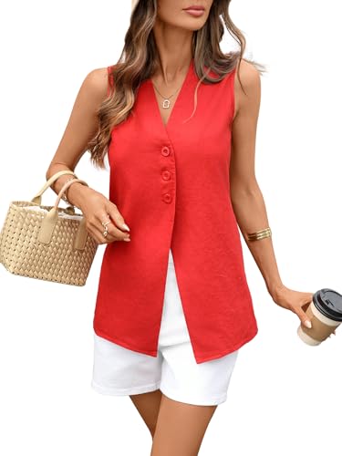Women's Linen Cotton Vest Long V Neck Button Down Casual Suit Vest