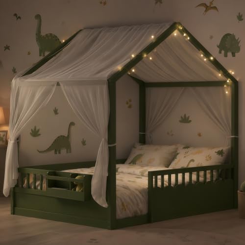 Image of Bellemave Full House BedFrame with Canopy, Montessori House Bed with LED and Bookshelf and Rails for Kids, Green